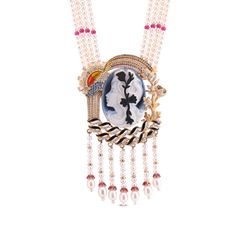Victorian Cameo Pearl Tassel Necklace with Gemstone Accents