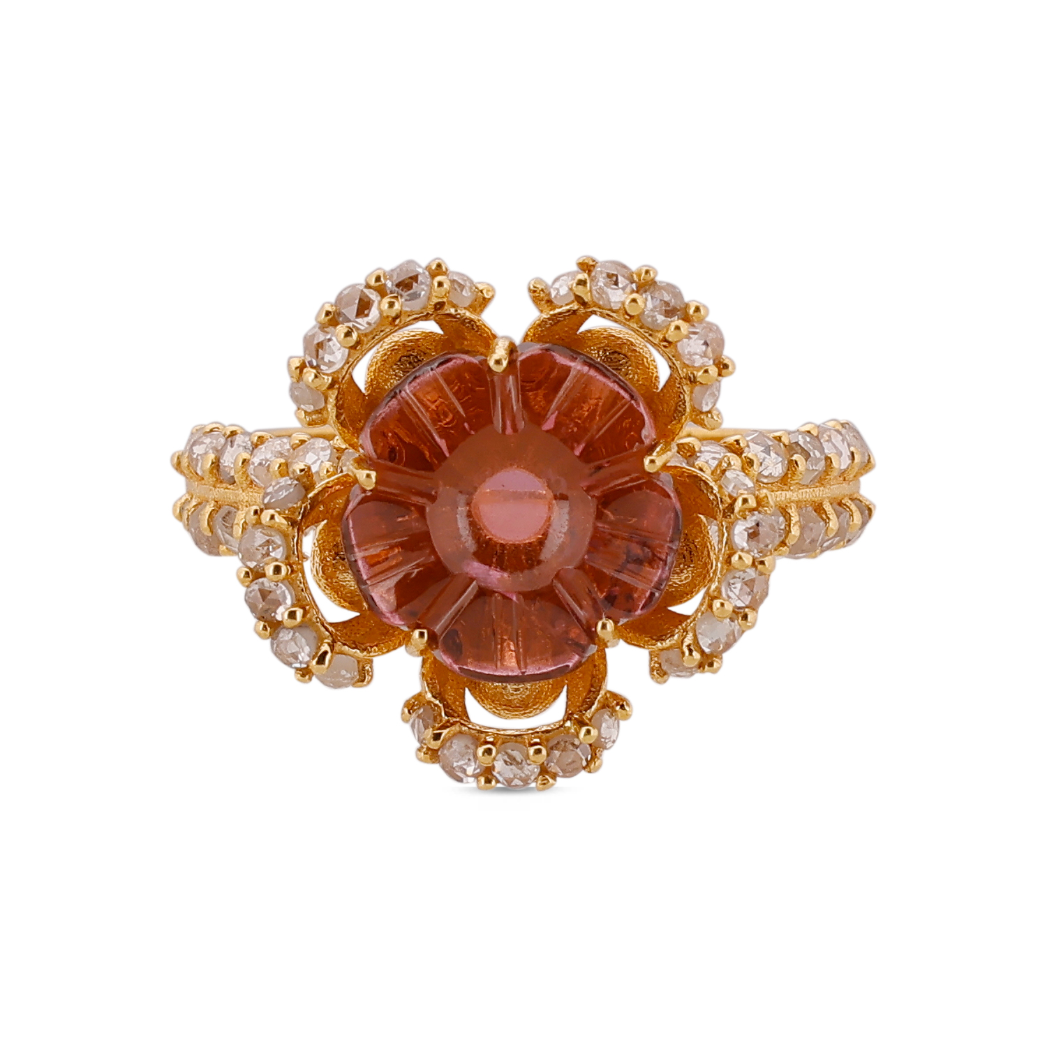 Radiant Blossoms: Floral Gold Ring with Zambian Ruby and Uncut Diamond