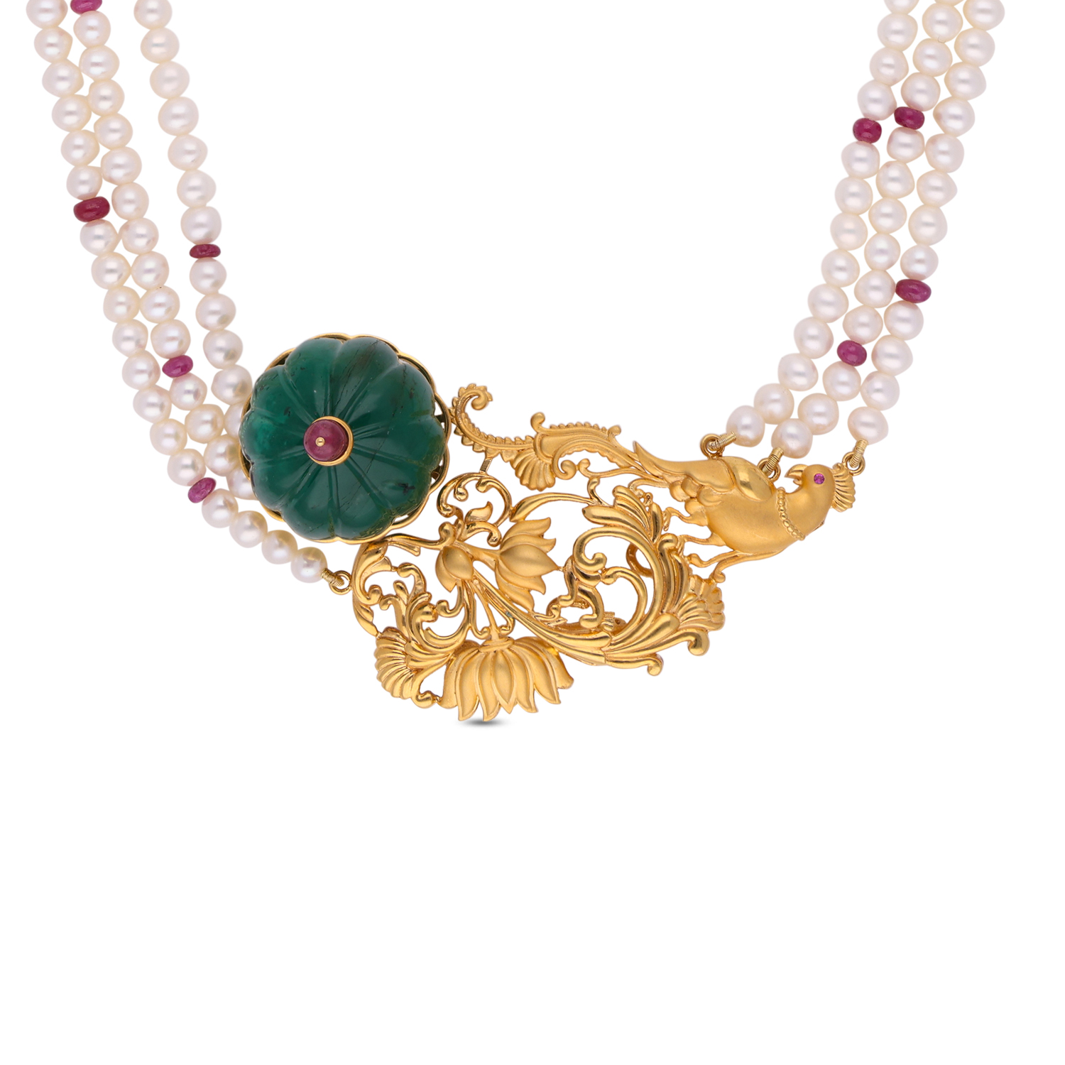 Luxurious Pearl Necklace with emerald and Ruby Accents