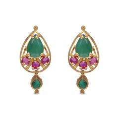 Ruby and Emerald Studded Gold Ear Drops: Exquisite Elegance