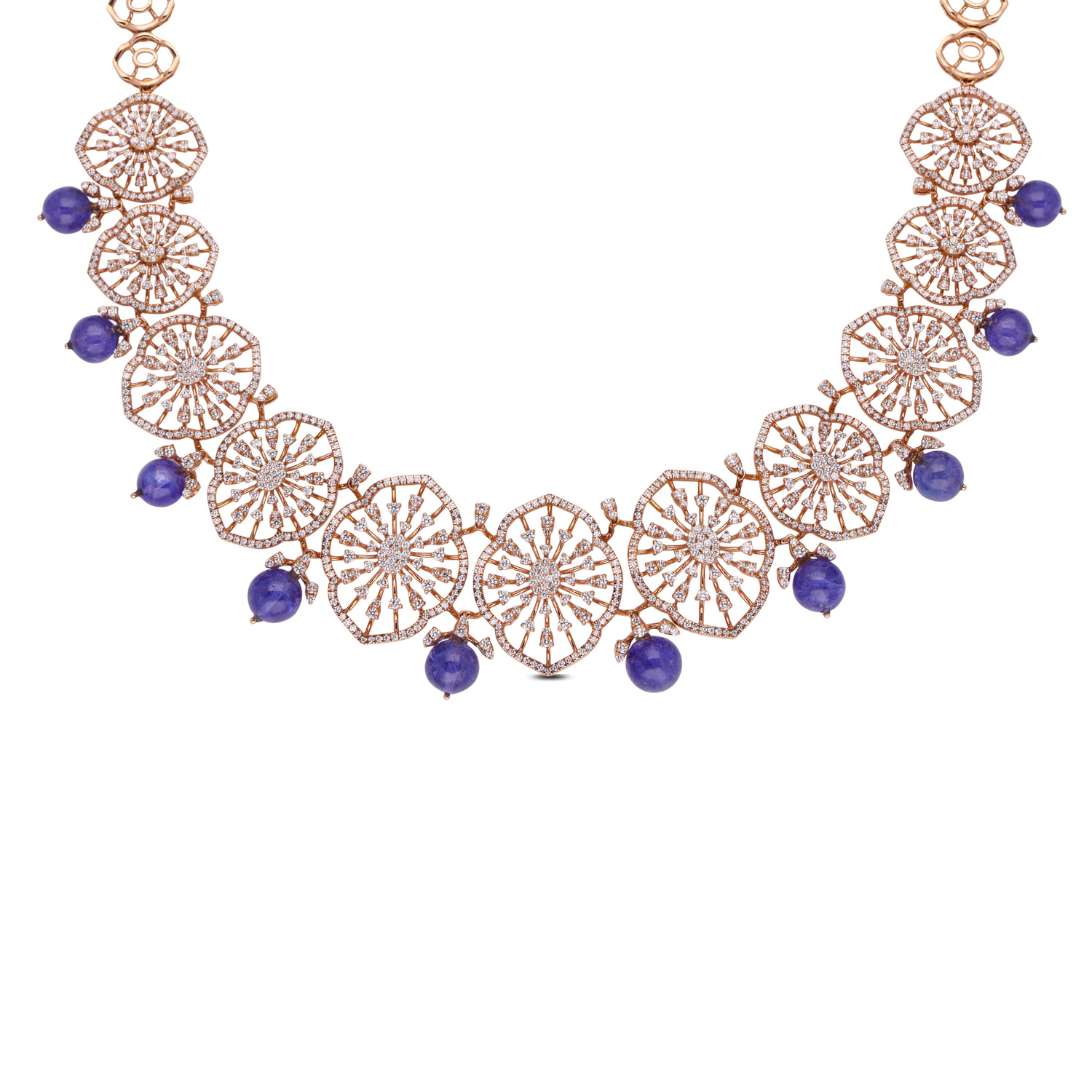 Ethereal Elegance: Fancy Diamond Necklace with Rose Gold and Blue Stone Drops