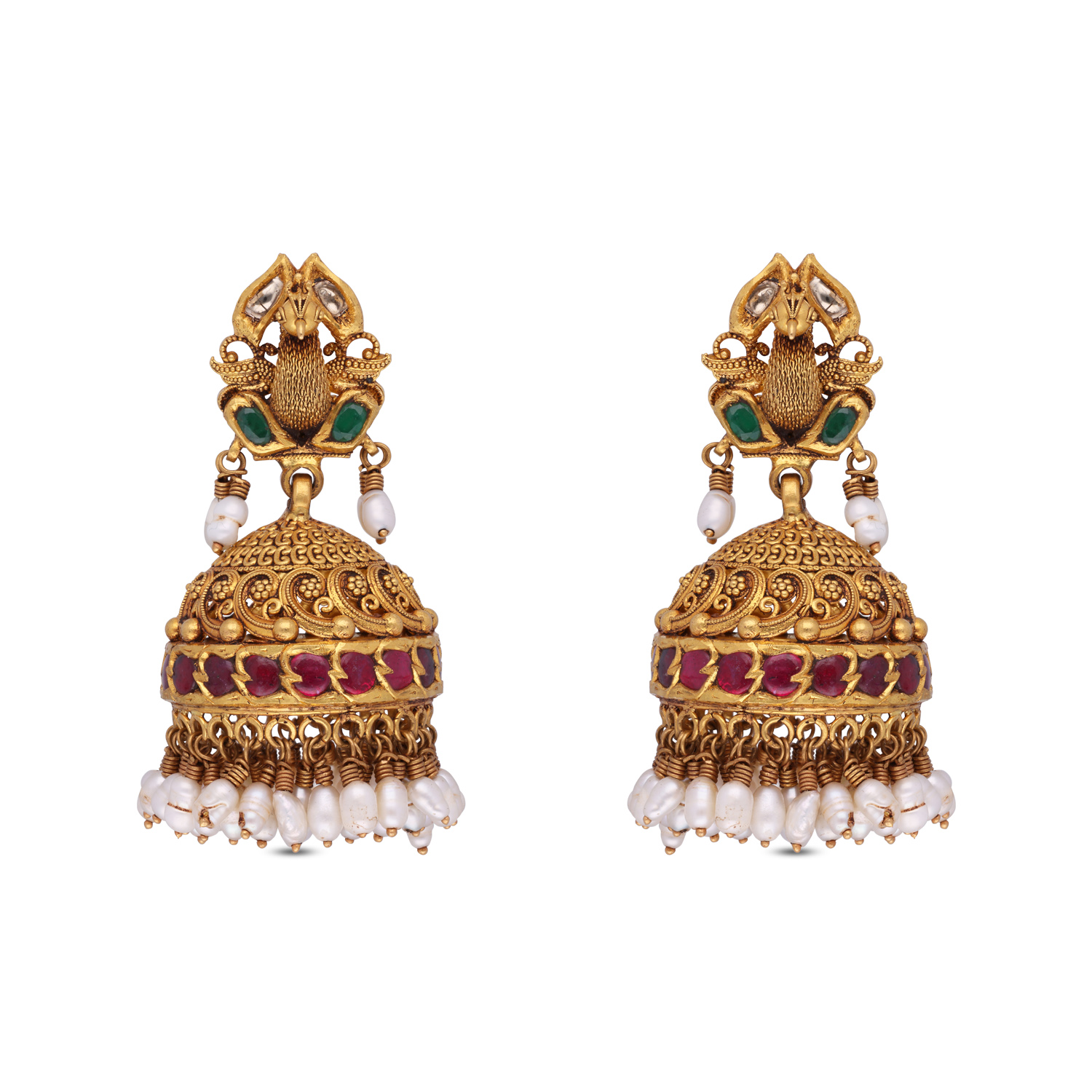 Regal Elegance: Peacock Design Gold Jhumka with Pearl Bead Drops and Oxidized Finish