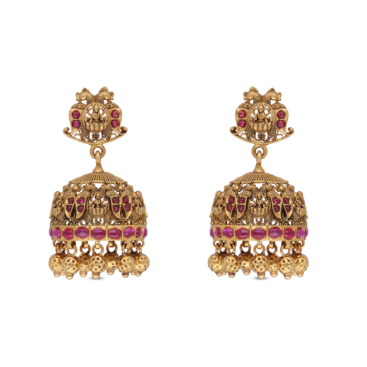 Divine Fusion: Lakshmi and Peacock Design Gold Jhumka with Pearl Bead Drops and Oxidized Finish