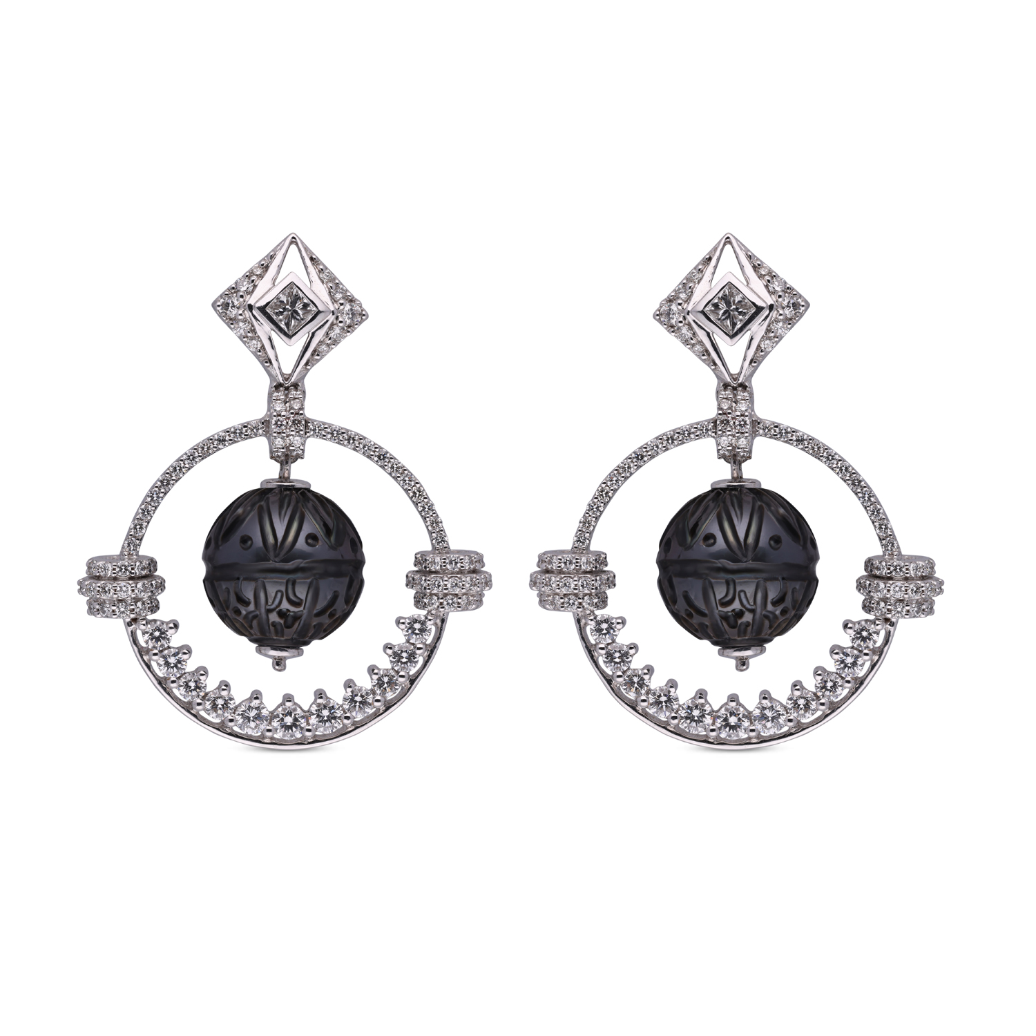 Contemporary Fancy Design Diamond Drops Set with a Single Tahitian Carved Pearl