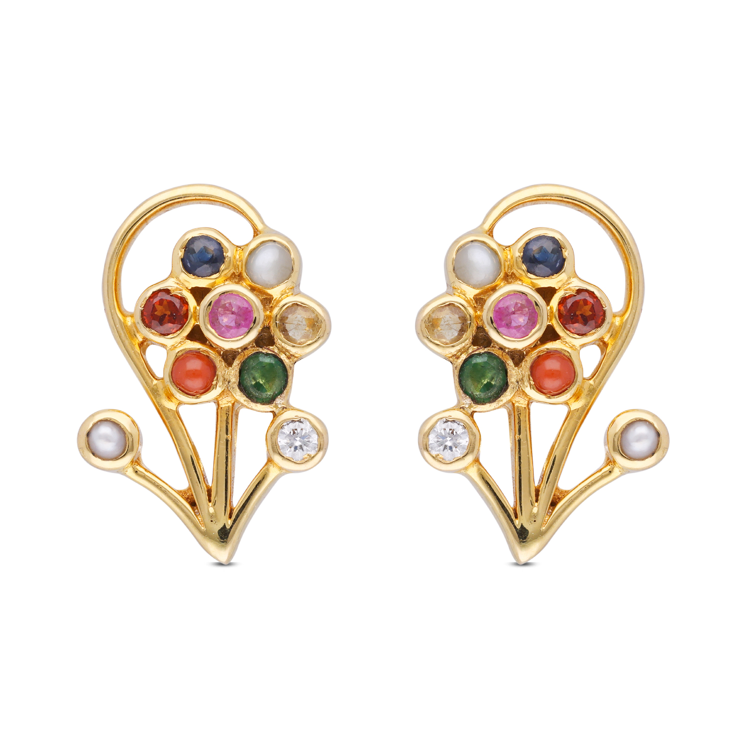 Stellar Symphony: Diamond Earstuds Adorned with Navaratna Gems