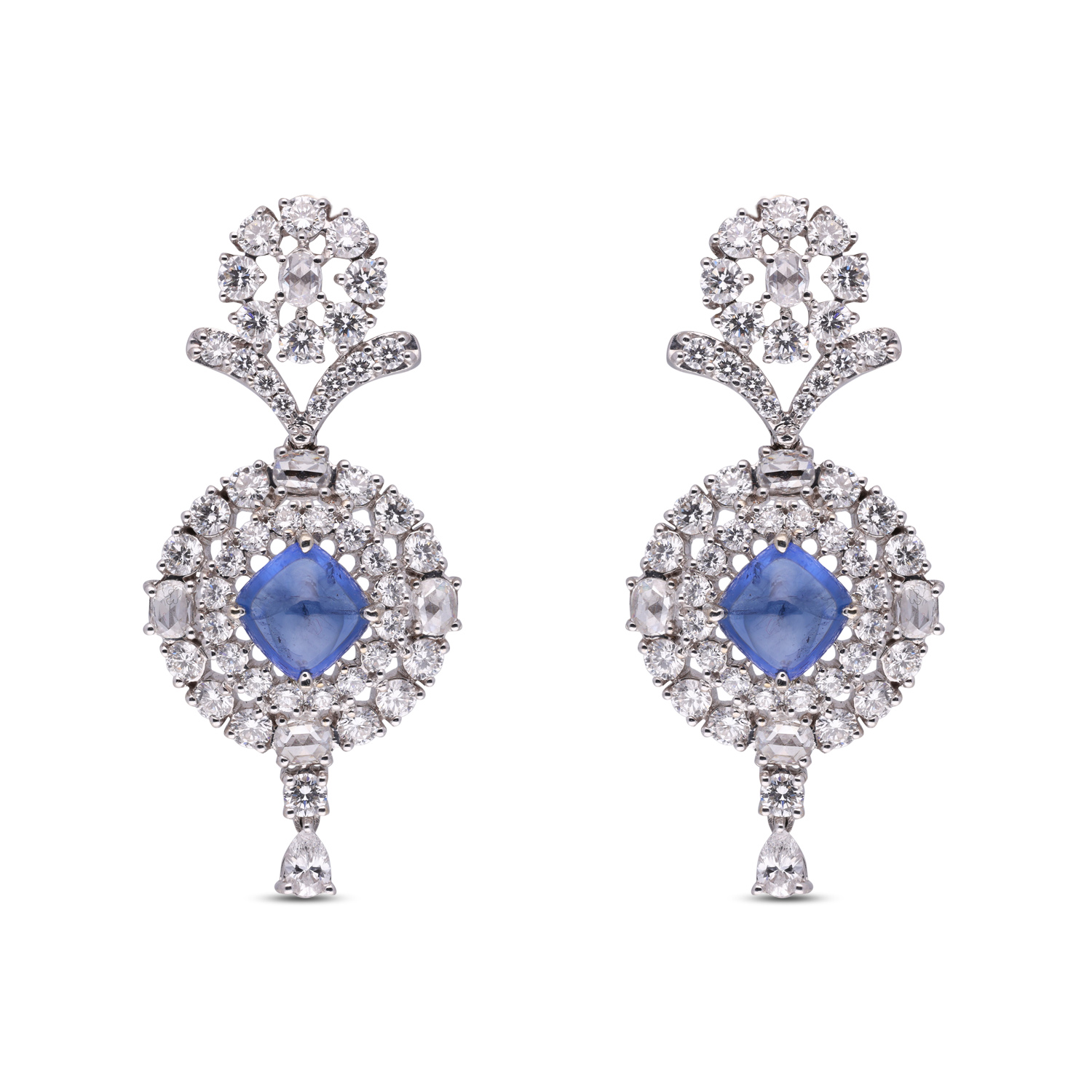 Sprezzatura White Gold Eardrops with Diamond and Blue Sapphire Cob