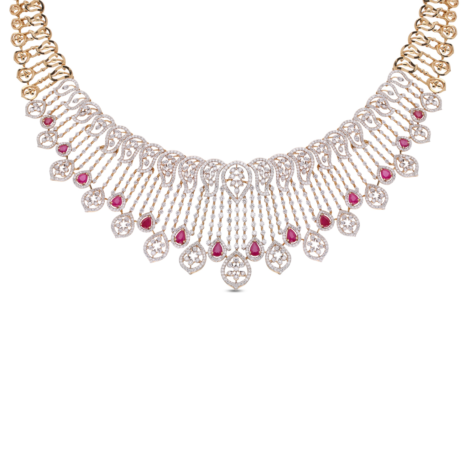 Exquisite Intricate Design Gold Melees Diamond Necklace with Pear-Shaped Rubies