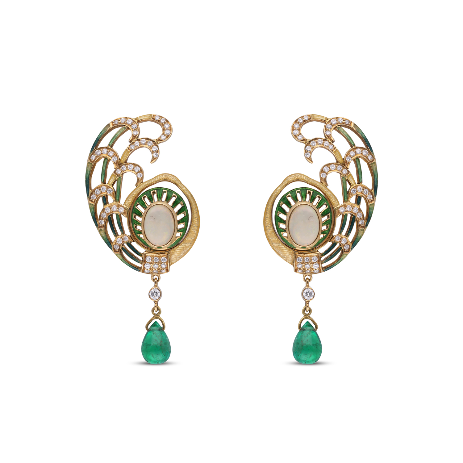 Luxurious Fancy Diamond Drop Earrings Studded with Emeralds