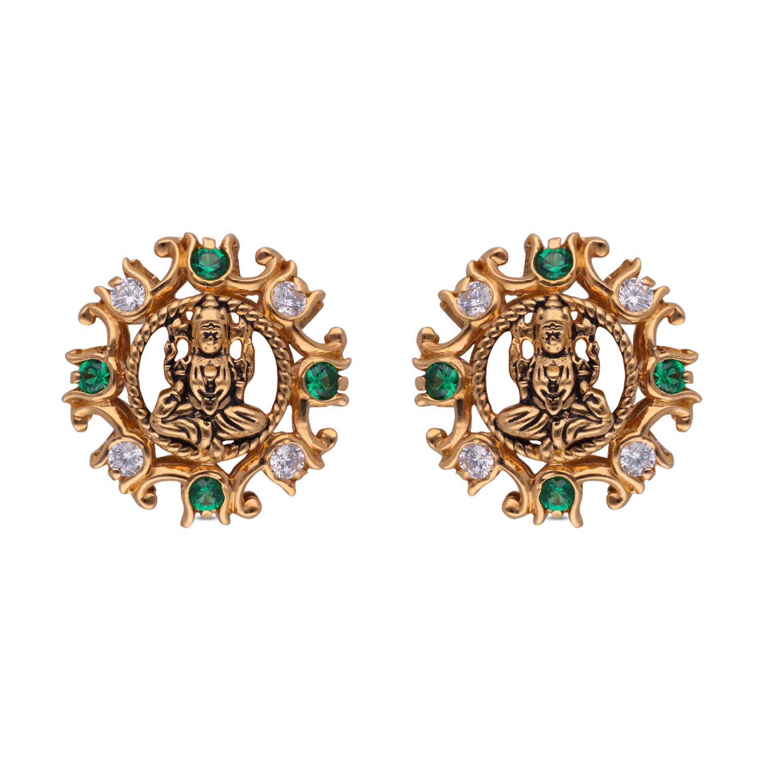 Divine Lakshmi Goddess Gold Studs with Zircon Stones