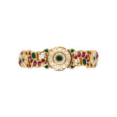 Heritage Gold Kada Bracelet Set with Ruby, Emerald, and Uncut Diamond