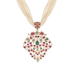 Elegant Pearl Tied Necklace Set with Ruby and Emerald