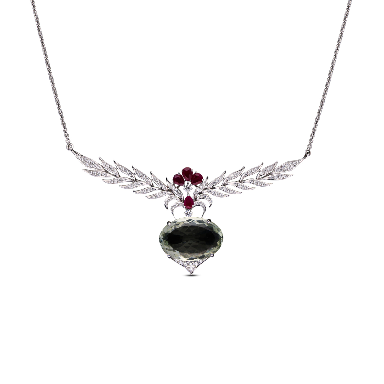 Exquisite Diamond Pendant Set with Ruby and Prasiolite