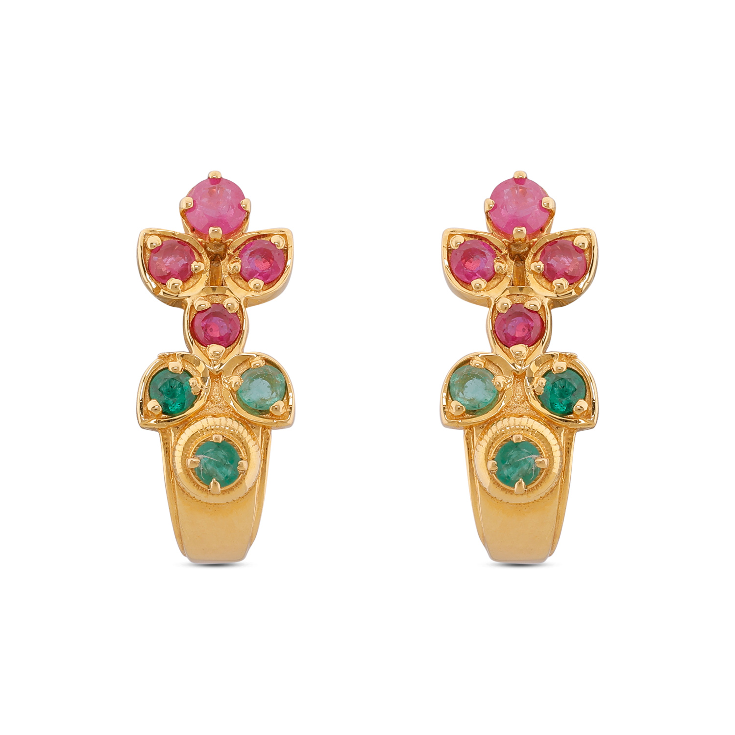 Gold 'J' Type Ear Studs with Ruby and Emerald Accents