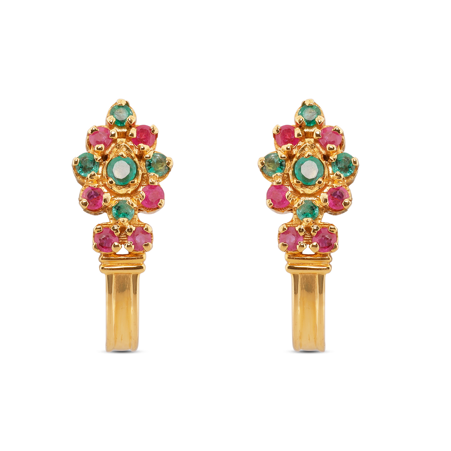 Gold 'J' Type Ear Studs with Ruby and Emerald Accents