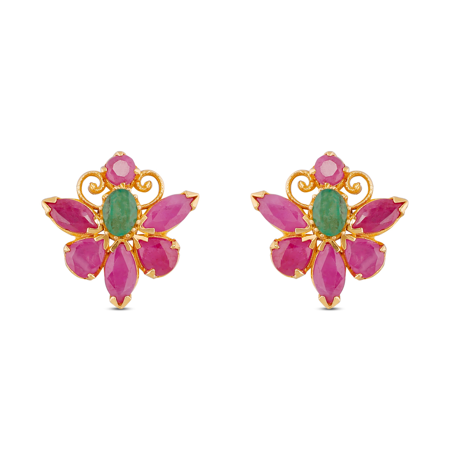 Luxurious Gold Earstuds with Ruby and Emerald Accents