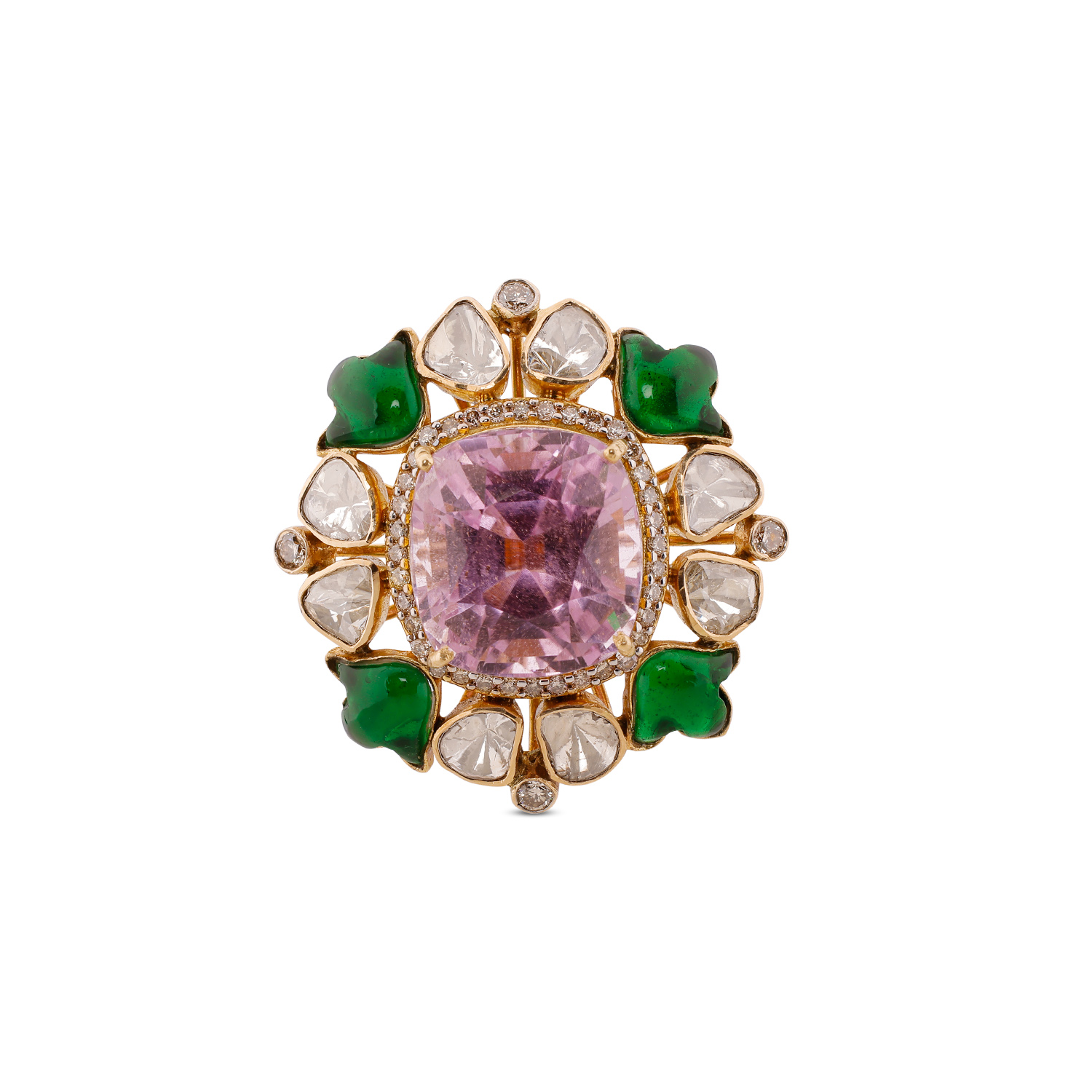 Exquisite Gold Ring with Rose Cut Diamonds, Green Stones, and Kunzite