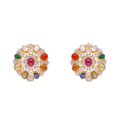 Fancy Gold Earstuds with Cubic Zircons and Navaratna Gems