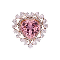 Rose Gold Heart-Shaped Pink Tourmaline and Diamond Halo Ring