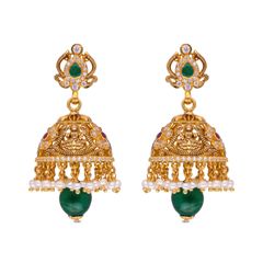 Exquisite Gold Earrings with White Cubic Zirconia, Ruby, Emerald, Green Stone and Cultured Pearl