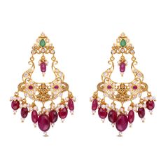 Luxurious Gold Long Eardrops with White Cubic Zirconia, Ruby, Emerald and Cultured Pearl