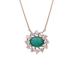 Emerald and Diamond Halo Pendant Necklace