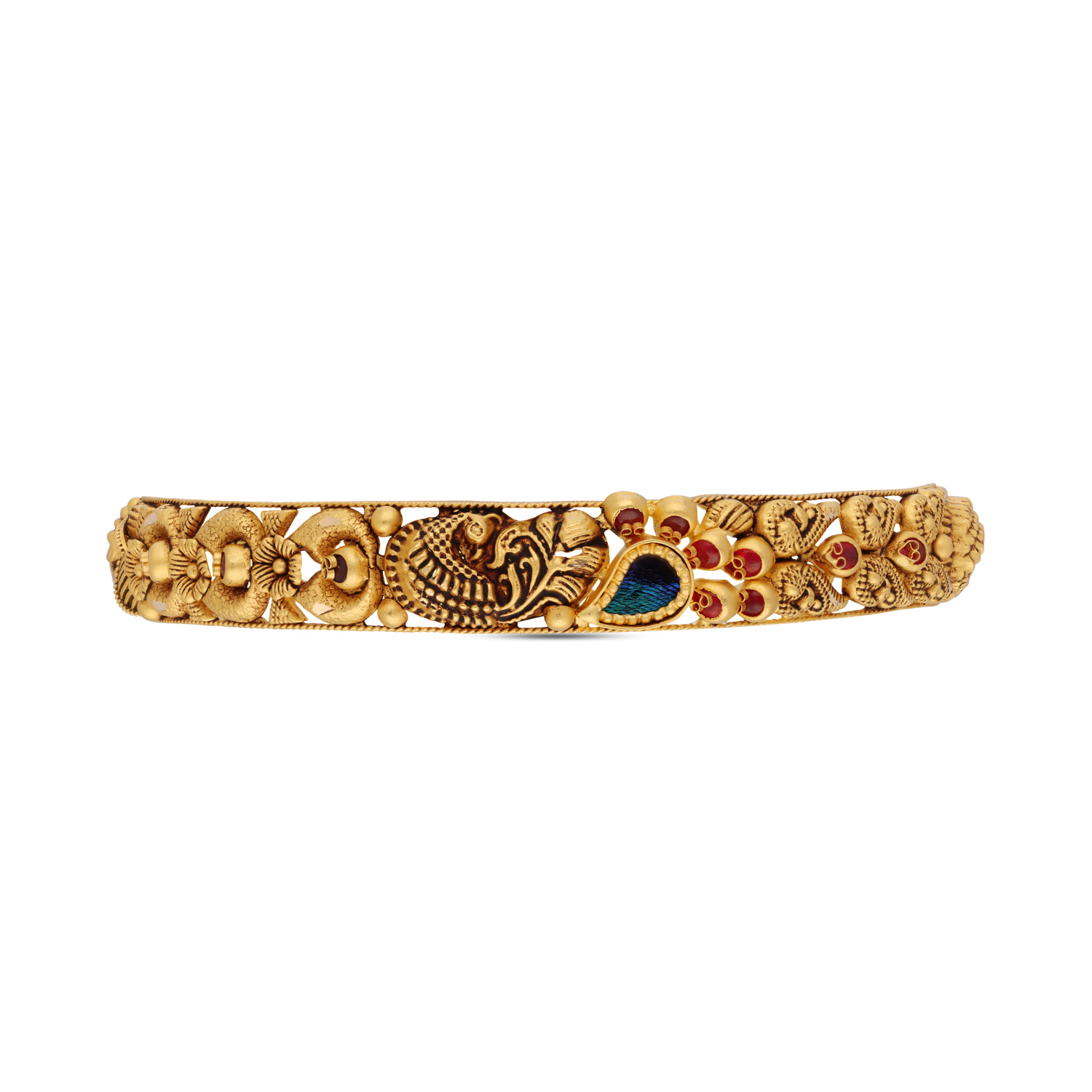 Ornate Peacock Gold Bangle Pair with Colorful Gemstones