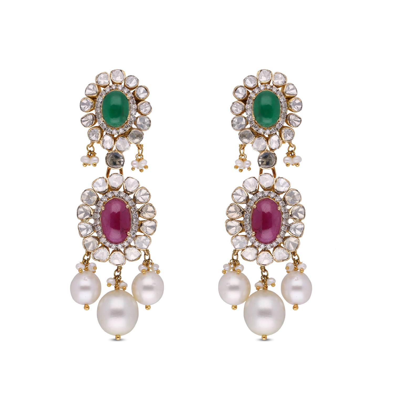 Royal Uncut Diamond Gemstone and Pearl Drop Earrings