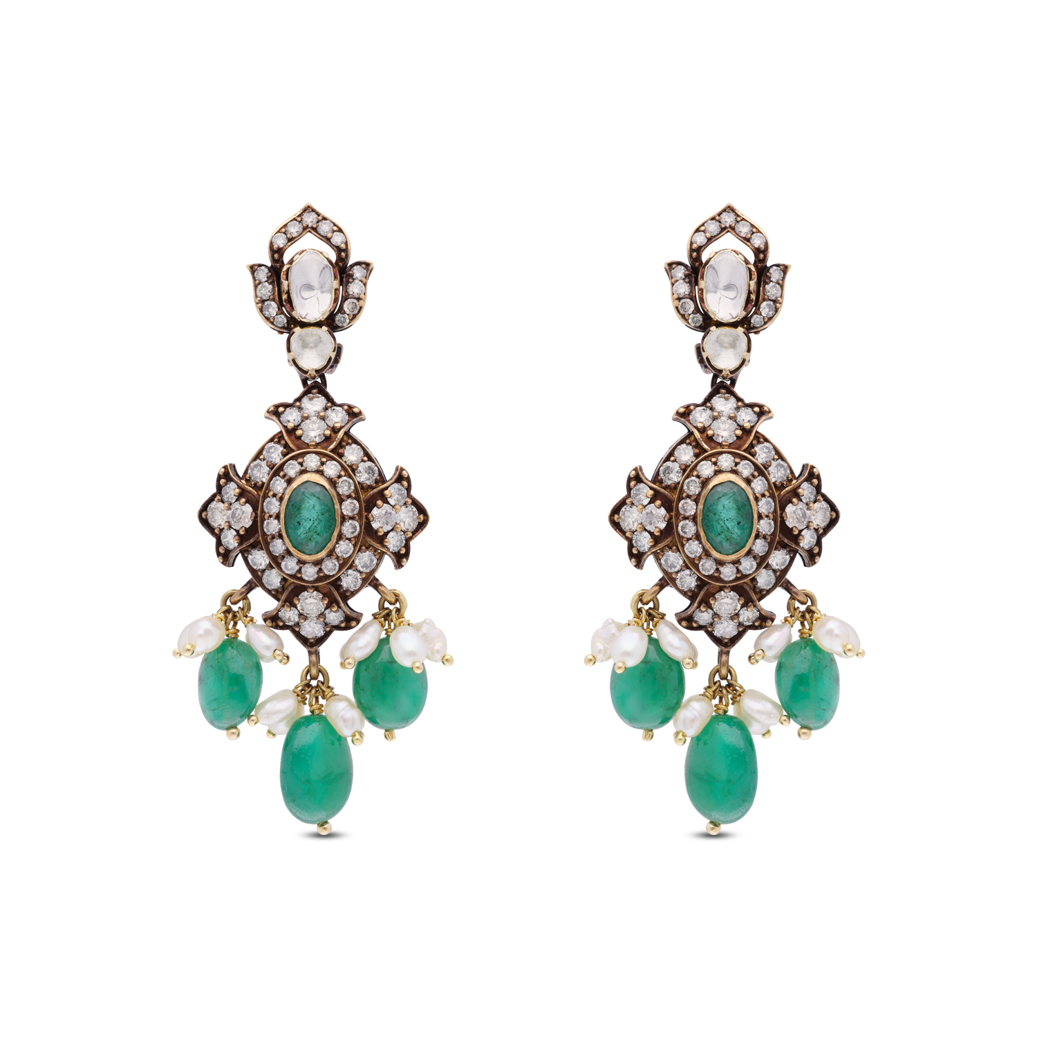 Heritage Finish Gold Eardrops with Uncut Diamonds, Emeralds, Emerald Beads, Cultured Pearls