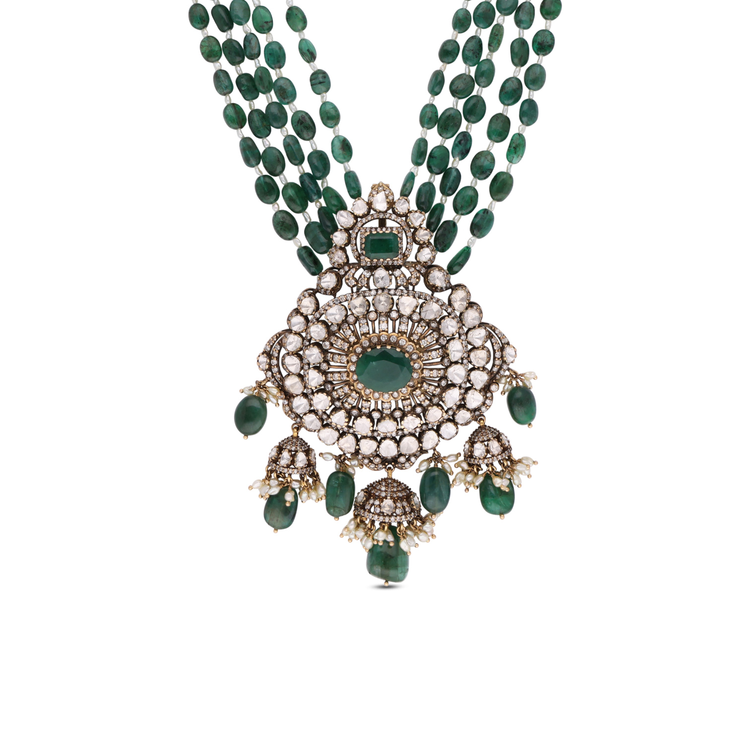 Heritage Finish Gold Necklace with Uncut Diamonds, Emeralds, Emerald Beads, Cultured Pearls