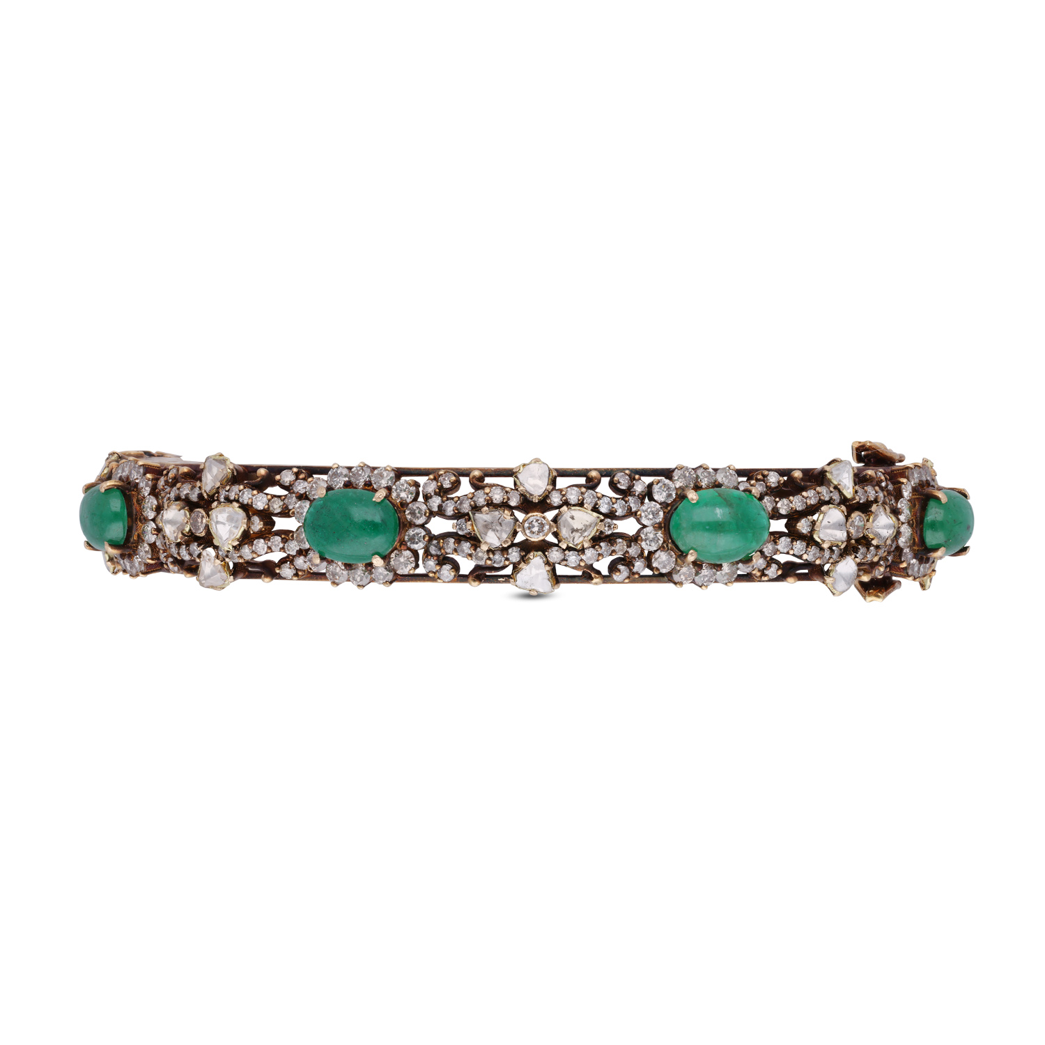 Heritage Finish Gold Openable Bangle with Uncut Diamonds and Emeralds