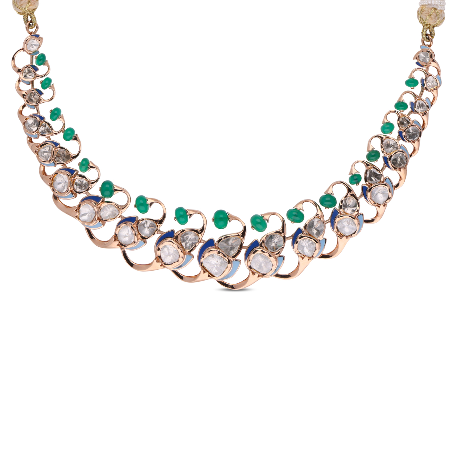 Contemporary Gold Necklace with Uncut Diamonds and Emerald Beads