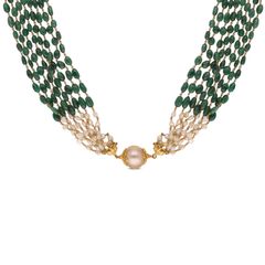 Gold Bead Necklace with Emeralds and Pearls