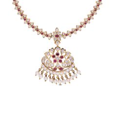 Traditional Addige Design Gold Necklace with Cubic Zirconia, Rubies, and Pearls